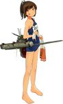  :&lt; aircraft airplane bare_legs barefoot brown_eyes brown_hair dirty_face full_body hair_ornament holding holding_clothes i-401_(kantai_collection) kantai_collection name_tag official_art old_school_swimsuit one-piece_swimsuit school_swimsuit school_uniform serafuku shibafu_(glock23) short_hair short_ponytail sleeveless solo swimsuit tan torn_clothes torn_swimsuit transparent_background 