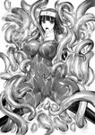  blush bodysuit boots breasts cameltoe commentary_request covered_nipples cum cum_on_body cum_on_upper_body elbow_gloves gloves greyscale habit kamori_sayaka large_breasts latex long_hair monochrome nun open_mouth original rindou_(radical_dream) skin_tight solo tentacles thigh_boots thighhighs thighs 