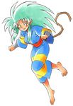  barefoot blush commentary_request fang feet full_body highres japanese_clothes kimono long_hair oyatsu_(mk2) robe ryouko_(tenchi_muyou!) solo spiked_hair tail tenchi_muyou! toes white_hair 
