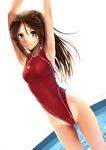  armpits arms_up blush brown_eyes brown_hair competition_swimsuit cowboy_shot derivative_work dutch_angle highleg highleg_swimsuit katahira_masashi long_hair looking_at_viewer one-piece_swimsuit original pool red_swimsuit smile solo swimsuit 
