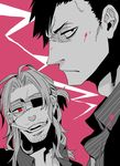  2boys black_eyes eyepatch gangsta looking_at_viewer monochrome multiple_boys nicolas_brown pink_background red_eyes short_hair simple_background smoking worick_arcangelo 