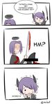  3koma bar_censor blood blood_splatter bloody_weapon catchphrase censored churuya comic crossover eyepatch headgear identity_censor kantai_collection mechanical_halo multiple_girls nyoro~n polearm purple_hair rexlent school_uniform spear suzumiya_haruhi-chan_no_yuuutsu suzumiya_haruhi_no_yuuutsu sword tatsuta_(kantai_collection) tenryuu_(kantai_collection) tsuruya weapon 