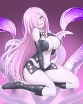  bare_shoulders between_legs black_gloves boots breasts cleavage elbow_gloves gloves grin hair_over_one_eye hand_between_legs head_tilt humanization knee_boots kraken_(monster_girl_encyclopedia) large_breasts long_hair monster_girl monster_girl_encyclopedia navel pink_hair purple_eyes ransusan scylla sitting smile solo suction_cups tentacles very_long_hair 