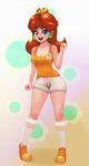  black-rayal blue_eyes brown_hair crown earrings freckles gradient gradient_background jewelry looking_at_viewer mario_(series) nintendo princess_daisy shoes shorts sneakers solo super_mario_bros. super_mario_land 