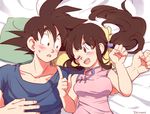  1girl artist_name black_hair blush breasts chi-chi_(dragon_ball) china_dress chinese_clothes dragon_ball dragon_ball_z dress husband_and_wife long_hair medium_breasts on_bed one_eye_closed open_mouth pillow ponytail short_hair smile son_gokuu sweatdrop tkgsize 