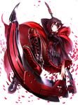  ammunition_belt arm_up belt_boots boots brown_legwear cape cross-laced_footwear dress grey_eyes highres knee_boots lace-up_boots lain long_sleeves looking_at_viewer pantyhose petals purple_dress purple_hair ruby_rose rwby scythe smile solo wide_sleeves 
