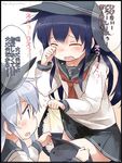  akatsuki_(kantai_collection) anchor_symbol closed_eyes commentary_request crying flat_cap hat hibiki_(kantai_collection) kantai_collection long_hair multiple_girls neckerchief open_mouth pantyhose pantyhose_pull pee peeing peeing_self purple_hair red_neckwear school_uniform serafuku silver_hair skirt skirt_lift suka tears translated twitter_username wavy_mouth wiping_tears 