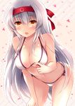  adjusting_clothes adjusting_swimsuit bent_over bikini bikini_lift blush breasts brown_eyes cowboy_shot hairband hand_on_own_knee ichiyou_moka kantai_collection large_breasts leaning_forward long_hair looking_at_viewer nipples open_mouth pink_background shoukaku_(kantai_collection) silver_hair solo swimsuit white_bikini 
