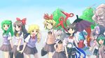  6+girls alternate_costume animal_ears arm_up asymmetrical_wings backpack bad_id bad_pixiv_id bag black_eyes black_hair blonde_hair blue_hair blue_sky bow bowtie braid brown_hair closed_eyes dai-erie day dress frog_hair_ornament green_eyes green_hair grey_hair hair_bow hair_ornament hair_ribbon hair_tubes hakurei_reimu handbag hood houjuu_nue karakasa_obake kasodani_kyouko kirisame_marisa kochiya_sanae kumoi_ichirin lavender_hair long_hair long_sleeves looking_at_another looking_at_viewer miniskirt mouse_ears mouse_tail multiple_girls nazrin no_hat no_headwear open_mouth profile red_eyes ribbon sailor_collar school_uniform serafuku shirt short_hair short_sleeves side_braid single_braid skirt sky smile snake_hair_ornament sweater_vest tail tatara_kogasa thighhighs toramaru_shou touhou tree umbrella unzan vest wings zettai_ryouiki 