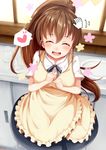  :d ^_^ apron blush breasts brown_hair closed_eyes cup drinking_glass facing_viewer highres igakusei long_hair md5_mismatch medium_breasts open_mouth petting plate ponytail shirt skirt smile solo taneshima_popura very_long_hair waitress working!! 