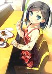  :o absurdres black_hair black_legwear blue_eyes brick_wall casual cup dress eating food hentai_ouji_to_warawanai_neko. highres kantoku liquid long_sleeves looking_at_viewer official_art open_mouth pancake pantyhose plaid plaid_dress plate red_dress saucer short_hair sitting sleeves_past_wrists solo spoon sunlight sweater tea teacup tsutsukakushi_tsukiko 