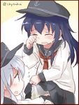  akatsuki_(kantai_collection) anchor_symbol closed_eyes commentary_request crying flat_cap hat hibiki_(kantai_collection) kantai_collection long_hair multiple_girls neckerchief open_mouth pee peeing peeing_self purple_hair red_neckwear school_uniform serafuku silver_hair skirt skirt_lift suka tears twitter_username wavy_mouth wiping_tears 
