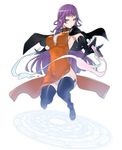  1girl between_breasts black_cape black_gloves breasts caladrius cape choker dress female frilled_choker frills gloves large_breasts long_gloves long_hair official_art orange_dress orange_eyes purple_hair simple_background solo sophia_fulancelli test_tube thighhighs thighs yasuda_suzuhito 