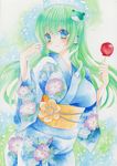  alternate_costume blue_eyes blush candy_apple floral_print flower food frog_hair_ornament green_hair hair_ornament hair_tubes highres japanese_clothes kimono kochiya_sanae long_hair long_sleeves looking_at_viewer obi pom77 sash smile snake_hair_ornament solo touhou traditional_media watercolor_(medium) wide_sleeves yukata 