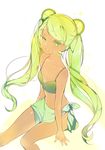  bangs bikini colored_eyelashes cookie_run earrings green_bikini green_eyes green_hair hair_ornament jewelry lime_cookie long_hair lpip open_mouth personification sarong sitting solo swept_bangs swimsuit tan twintails 
