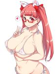  adjusting_clothes adjusting_swimsuit animal_ears belly bikini borrowed_character breasts cat_ears covered_nipples extra_ears eyebrows front-tie_top glasses hair_ribbon heart highres huge_breasts large_breasts light_smile long_hair micro_bikini moisture_(chichi) navel original pink_hair plump red-framed_eyewear red_eyes ribbon side-tie_bikini simple_background smile solo spoken_heart srco swimsuit thick_eyebrows twintails upper_body white_background white_bikini 