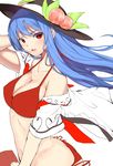  ass bad_id bad_pixiv_id bikini blue_hair breasts cleavage collarbone food fruit hat hinanawi_tenshi large_breasts long_hair looking_at_viewer neropaso open_clothes open_mouth open_shirt peach red_bikini red_eyes shirt side-tie_bikini smile solo swimsuit touhou unfinished very_long_hair wind 