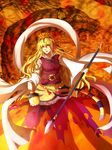  alternate_hairstyle azumi-kun blonde_hair breasts hair_ornament looking_at_viewer medium_breasts multicolored_hair solo tail tiger_tail toramaru_shou touhou weapon yellow_eyes 