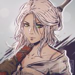  ciri collarbone green_eyes koyorin long_hair looking_at_viewer solo text_focus the_witcher the_witcher_3 tied_hair white_hair 