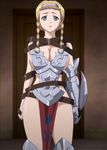  armor blonde_hair blue_eyes breasts cleavage female gradient gradient_background highres large_breasts leina queen&#039;s_blade queen's_blade solo standing stitched sweat 