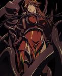  blush breasts brown_hair dress erect_nipples funikura gradient gradient_background green_eyes highres large_breasts long_hair nyx queen&#039;s_blade queen's_blade red_dress standing stitched tentacle thighhighs 