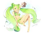  anklet bad_id bad_pixiv_id barefoot bikini blush breasts cleavage cookie_run full_body gradient_hair green green_bikini green_eyes green_hair hair_ornament hairclip jewelry lime_cookie long_hair macciatto_(aciel02) medium_breasts multicolored_hair one_eye_closed personification sandals_removed solo swimsuit twintails twitter_username very_long_hair 