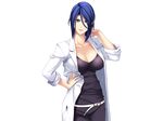  1girl aigan_reijou:_ingyaku_contract belt blue_eyes blue_hair breasts cleavage dress female game_cg hand_on_hip highres himuro_ai labcoat large_breasts looking_at_viewer short_hair simple_background smile solo standing white_background 