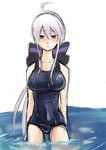  blush breasts large_breasts long_hair looking_at_viewer megane_man one-piece_swimsuit ponytail red_eyes ribbon school_swimsuit sketch solo swimsuit very_long_hair vocaloid voyakiloid water wet yowane_haku 