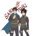  1girl armband bad_id bad_pixiv_id black_hair brown_hair cousins forehead_protector grin hand_on_hip hand_seal highres looking_at_viewer naruto naruto_(series) noeunjung93 red_eyes sarutobi_konohamaru sarutobi_mirai scarf short_hair smile 