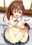  :d apron brown_eyes brown_hair cup drinking_glass highres igakusei long_hair looking_at_viewer open_mouth plate ponytail shirt skirt smile solo taneshima_popura very_long_hair waitress working!! 