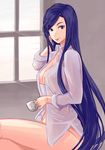  alpha_(katz332) bangs blouse blue_eyes borrowed_character cup from_side hair_tousle light_rays lips long_hair looking_at_viewer no_bra open_blouse open_clothes original sitting smile solo swept_bangs teacup very_long_hair window 
