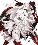  ahoge airfield_hime carrying claws commentary_request covered_mouth detached_sleeves dress horn horns kantai_collection long_hair looking_at_viewer machinery mittens multiple_girls northern_ocean_hime red_eyes roong seaport_hime shinkaisei-kan turret white_dress white_hair white_skin 