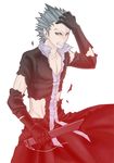  1boy black_gloves caladrius cloak gloves graham_galdias_baladin grey_eyes grey_hair knife official_art popped_collar sheath simple_background solo spiked_hair torn_clothes yasuda_suzuhito 