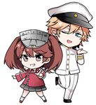  1girl admiral_(kantai_collection) admiral_arisugawa blonde_hair blue_eyes brown_eyes brown_hair chibi girly_boy hat kantai_collection lowres military military_hat military_uniform nagomi_(mokatitk) ryuujou_(kantai_collection) twintails uniform 