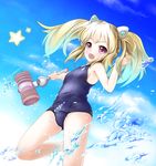  aquarion_(series) aquarion_logos blonde_hair child cloud day fang hellnyaa long_hair old_school_swimsuit one-piece_swimsuit open_mouth red_eyes school_swimsuit sky smile solo splashing swimsuit toy_hammer twintails uminagi_karan water 