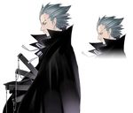  1boy black_gloves caladrius cloak gloves graham_galdias_baladin grey_eyes grey_hair official_art popped_collar sheath simple_background spiked_hair yasuda_suzuhito 