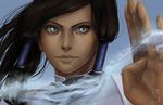  avatar:_the_last_airbender bare_shoulders blue_eyes brown_hair dark_skin element_bending eyelashes fighting_stance fingernails fire gradient gradient_background hair_tubes highres korra legend_of_korra lips long_hair ponytail signature solo the_legend_of_korra topknot tree vambraces wallpaper water 