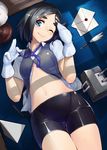  bike_shorts black_hair blue_eyes eyebrows gloves hair_ribbon kantai_collection kuroshio_(kantai_collection) letter looking_at_viewer lying midriff navel on_back one_eye_closed open_clothes open_shirt open_vest ribbon salute shirt short_hair short_sleeves smile solo taketora_suzume thick_eyebrows thighs vest white_gloves 