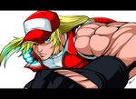  baseball_cap blonde_hair blue_eyes bomber_jacket denim fatal_fury fingerless_gloves gloves hair_down hat highres jacket jeans long_hair looking_at_viewer male_focus muscle pants ponytail punching shirt solo special_moves t-shirt tank_top terry_bogard the_king_of_fighters timuri 