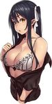  black_hair bow bow_bra bra breasts cleavage elf_(houtengeki) hair_ribbon houtengeki large_breasts long_hair off_shoulder open_clothes open_shirt original pointy_ears ribbon shirt sidelocks simple_background solo striped twintails underwear upper_body vertical-striped_bra vertical_stripes waifu2x white_background yellow_eyes 