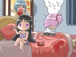  3girls akemi_homura barefoot bed bed_sheet bedroom black_hairband blanket blue_hair bow chibi clothes_on_bed clothes_removed commentary_request crossed_legs curtains food hair_down hair_ornament hair_ribbon hairband hairclip highres hohetomaru implied_yuri indoors kaname_madoka kyubey mahou_shoujo_madoka_magica messy_hair miki_sayaka mitakihara_school_uniform multiple_girls nightgown off_shoulder on_bed package pocky purple_eyes red_eyes ribbon ruined_for_marriage school_uniform shiny shiny_skin short_hair short_twintails sitting skirt sparkle square_mouth surprised sweat sweatdrop translated twintails walk-in 