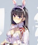  anabuki_tomoko animal_ears bangs black_hair blunt_bangs blush breasts bunny_ears cleavage cup fake_animal_ears flying_sweatdrops holding holding_plate large_breasts long_hair looking_at_viewer military military_uniform nose_blush ohashi_(hashidate) plate purple_eyes solo straight_hair uniform upper_body world_witches_series 