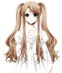  bad_id bad_pixiv_id brown_hair collarbone grey_eyes hand_on_own_chest long_sleeves looking_at_viewer misteor nightgown original simple_background smile solo twintails white_background 