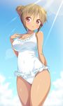  :o arm_behind_back brown_hair casual_one-piece_swimsuit cloud covered_navel cowboy_shot day double_bun frilled_swimsuit frills ichi_makoto lens_flare light_rays long_hair one-piece_swimsuit original outdoors red_eyes sky solo swimsuit tan white_swimsuit 