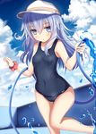  aruka_(alka_p1) blue_eyes blue_hair cloud commentary_request covered_navel day empty_pool hat hibiki_(kantai_collection) hose kantai_collection long_hair old_school_swimsuit one-piece_swimsuit school_swimsuit scrunchie sky solo swimsuit verniy_(kantai_collection) water wrist_scrunchie 
