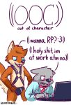  2018 :3 ? anthro bdsm black_nose blue_eyes bulge canine clothed clothing computer digital_drawing_(artwork) digital_media_(artwork) duo english_text fox fur grey_fur harness humor laptop male mammal open_mouth red_eyes roleplay sexotheque simple_background smile text white_background wolf 
