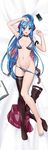  :d aegis_(nerocc) aoki_hagane_no_arpeggio arm_up barefoot belt blue_eyes blue_hair book bra breasts breasts_apart cellphone choker collarbone dakimakura full_body hair_between_eyes highres legwear_removed long_hair lying md5_mismatch medium_breasts mole mole_under_mouth navel on_back open_book open_bra open_mouth panties panty_pull phone ponytail single_thighhigh skirt skirt_removed smartphone smile solo takao_(aoki_hagane_no_arpeggio) thighhighs underwear underwear_only undone v-shaped_eyebrows very_long_hair 