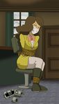  1girl arms_behind_back bdsm bondage bound bound_ankles bound_arms bound_wrists bow bowtie brown_hair cloth_gag gag gagged highres improvised_gag jacket merinthos professor_layton remi_altava solo tied tied_up trembling 