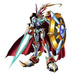  armor bandai cape digimon dukemon dukemon_x full_armor knight monster no_humans official_art polearm royal_knights shield simple_background solo spear weapon 