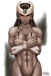  abs bandages black_hair black_sclera blush collarbone commentary_request covering covering_breasts cowboy_shot crossed_arms embarrassed fingernails forehead_jewel forehead_protector groin hair_tubes jewelry kamen_rider kamen_rider_kuuga_(series) long_hair muscle muscular_female navel nude out-of-frame_censoring red_eyes ring sharp_fingernails solo taikyokuturugi zu-mebio-da 